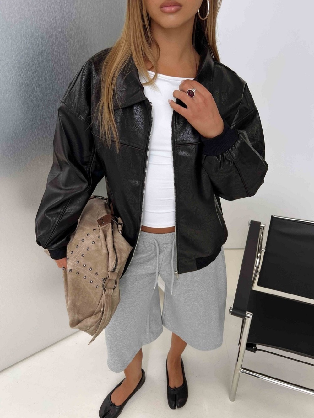 Princess Polly Black Faux Leather Bomber Jacket